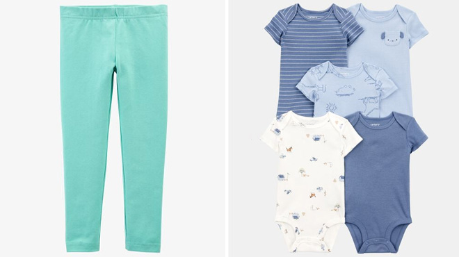 Carters Baby Cotton Stretch Leggings and Baby Boy 5 Pack Dog Short Sleeve Cotton Bodysuits