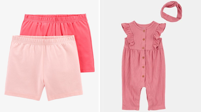 Carters Kids 2 Pack Tumbling Shorts and Baby Girl 2 Piece Solid Flutter Sleeve Relaxed Fit Jumpsuit Headwrap Outfit Set