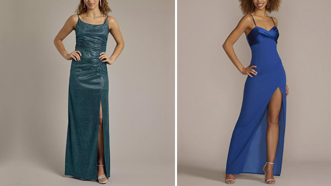 Davids Bridal Glitter Knit Sheath Prom Dress with Ruching and Spaghetti Strap Crepe and Satin Sheath with Slit