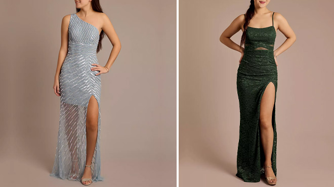 Davids Bridal One Shoulder Linear Sequin Sheath Dress and Glitter Lace Illusion Waist Sheath Dress