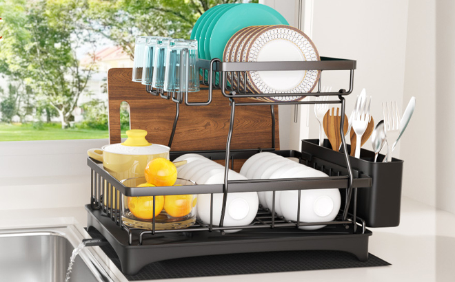 Godboat 2 Tier Dish Drying Rack on a Table