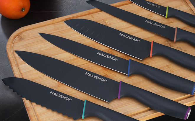 HAUSHOF 12 Piece Kitchen Knife Set on a Chopping Board