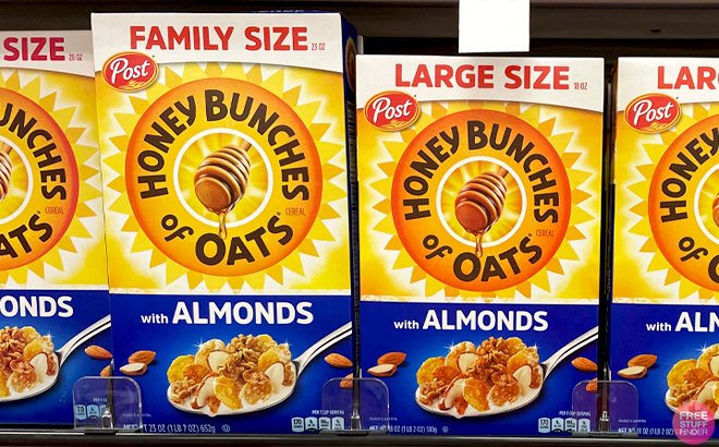 Honey Bunches of Oats Cereal with Almonds Boxes on a Store Shelf