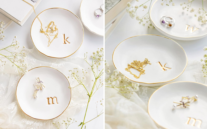 Initial Ceramic Jewelry Trays on a Table