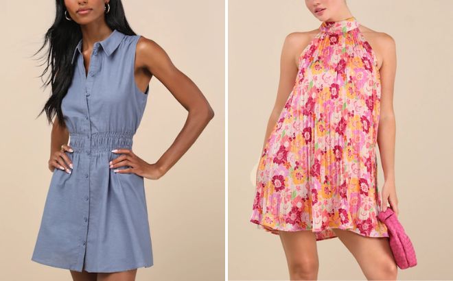 Lulus Collared Button Front Mini Dress and Pleated Shift Mini Dress Lulus Collared Button Front Mini Dress and Pleated Shift Mini Dress