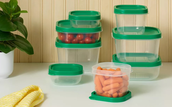 Room Essentials 16 Piece Plastic Food Storage Container Set on a Kitchen Countertop