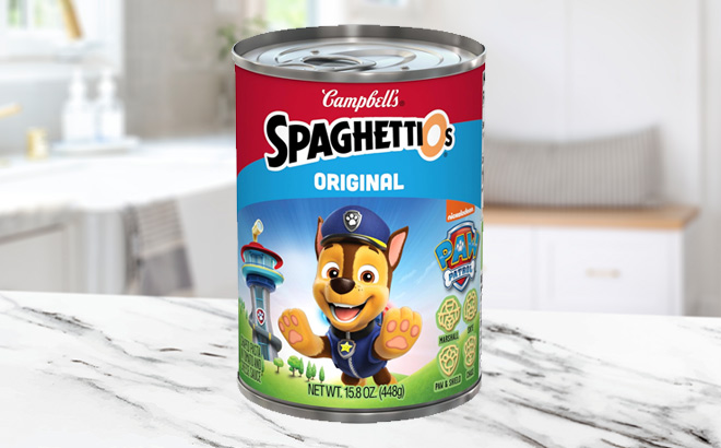 SpaghettiOs Original Canned Pasta With Paw Patrol Shapes on the Table SpaghettiOs Original Canned Pasta With Paw Patrol Shapes on the Table