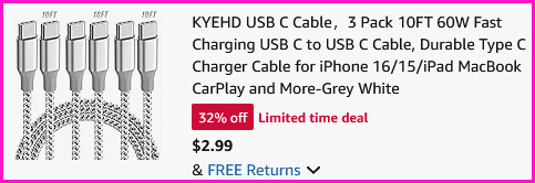 USB C Charger Cord 3 Pack Checkout Screen