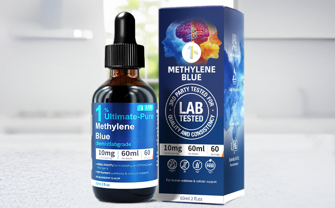 2 Ounce Bottle of Methylene Blue 1 Ultimate Pure Drops on a Table