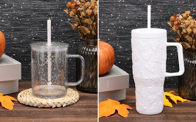 20 Ounce Clear Glitter Acrylic Ghost Mug with Lid Straw by Way to Celebrate and Skull Tumbler