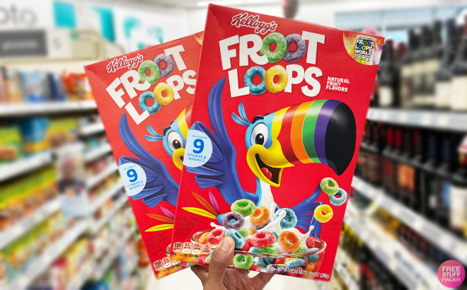 A Person Holding Two Froot Loops Cereal Boxes
