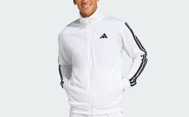 A Person Wearing Adidas Mens 3 Stripes Tricot Regular Track Jacket