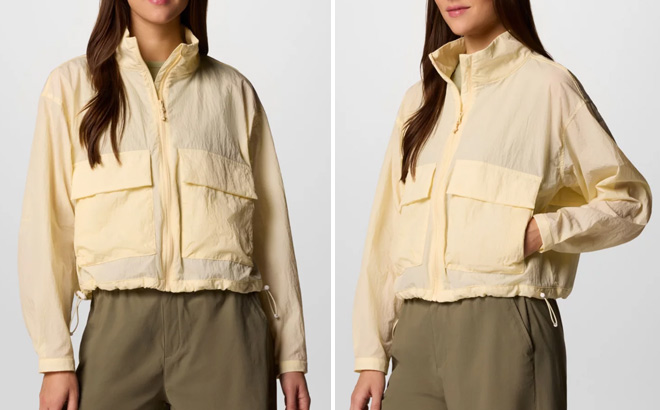 A Person Wearing Columbia Womens Paracutie Cropped Cargo Windbreaker
