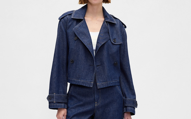 A Person Wearing GAP Denim Crop Trench Jacket