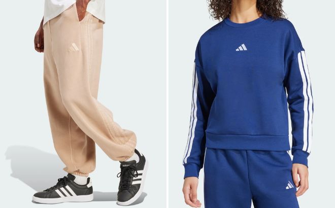 Adidas Mens All Szn Fleece Washed Loose Pants and Womens Essentials 3 Stripes Fleece Sweatshirt