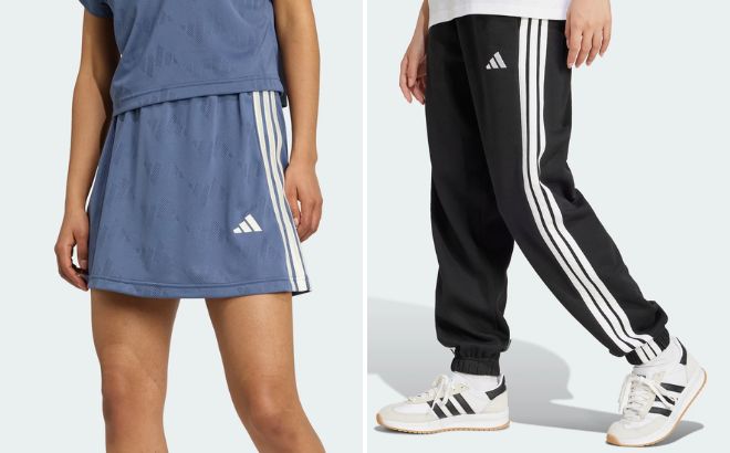Adidas Womens Stadium 3 Stripes Tennis Skirt with Short and Essentials 3 Stripes Fleece Loose Fit Pants