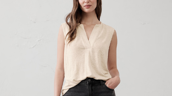 Banana Republic Factory Linen Blend Split Neck Tank