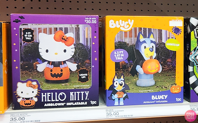 Bluey and Hello Kitty Halloween Inflatables on a Shelf at Target