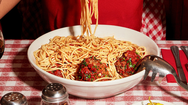 Buca di Beppo Pasta on a Table Buca di Beppo Pasta on a Table