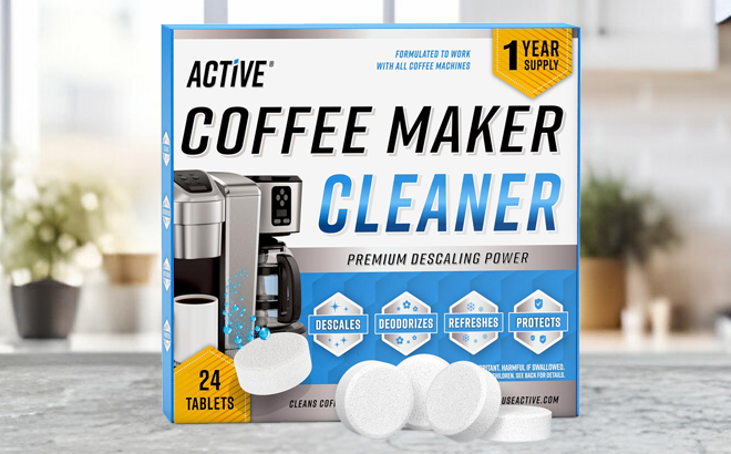 Coffee Machine Cleaner Descaler Tablets 24 Count Box on a Table