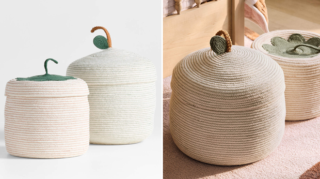 Crate Barrel Apple and Strawberry Cotton Rope Fruit Bin Set Crate Barrel Apple and Strawberry Cotton Rope Fruit Bin Set