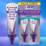 Crest 3DWhite Brilliance Deep Stain Remover Brilliant White Toothpaste 2 Pack on the Blue Background