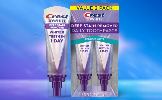 Crest 3DWhite Brilliance Deep Stain Remover Brilliant White Toothpaste 2 Pack on the Blue Background