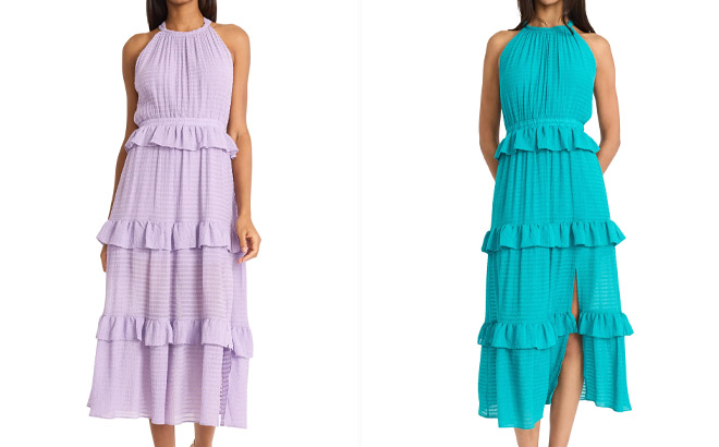 Donna Morgan For Maggy Halter Neck Ruffle Tiered Midi Dress