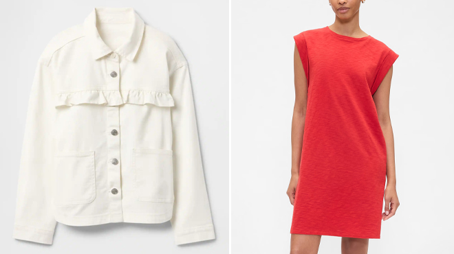 GAP Factory Kids Relaxed Ruffle Denim Shirt Jacket and GAP Factory Crewneck T Shirt Dress GAP Factory Kids Relaxed Ruffle Denim Shirt Jacket and GAP Factory Crewneck T Shirt Dress
