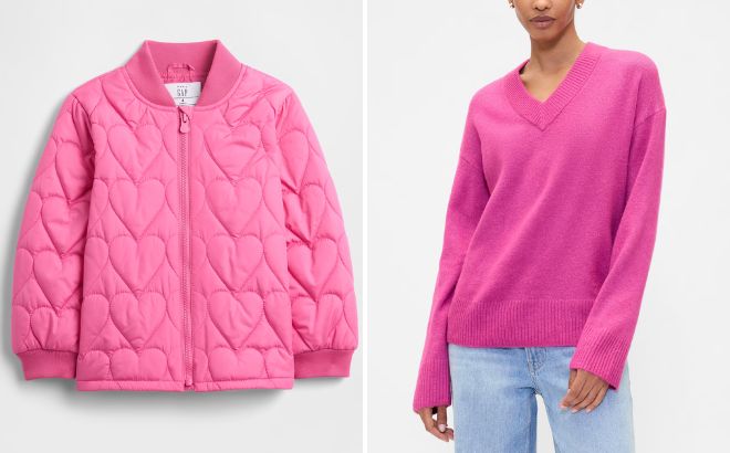 GAP Factory babyGap ColdControl Quilted Bomber Jacket and Womens Oversized V Neck Sweater GAP Factory babyGap ColdControl Quilted Bomber Jacket and Womens Oversized V Neck Sweater