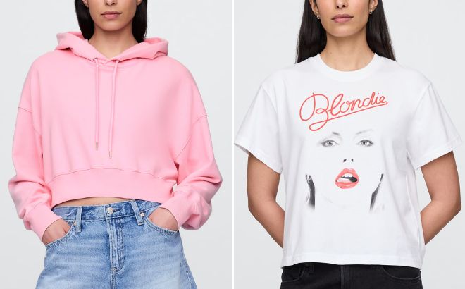 GAP French Terry Oversized Crop Hoodie and Relaxed Graphic T Shirt GAP French Terry Oversized Crop Hoodie and Relaxed Graphic T Shirt