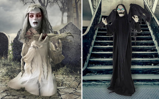 Haunted Hill Farm Scary Groundbreaker Haunted Bride and Scary Talking Winged ReaperHalloween Animatronics