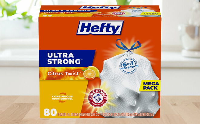Hefty 80 Count 13 Gallon Tall Trash Bags Box on a Table