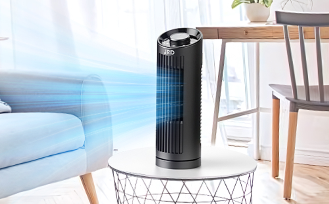 JRD 13 Inch 3 Speed Oscillating Tower Fan on a Table
