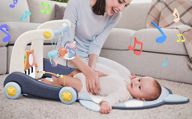 JoyStone 4 in 1 Baby Gym Play Mat Baby Learning Walker in Blue Shark