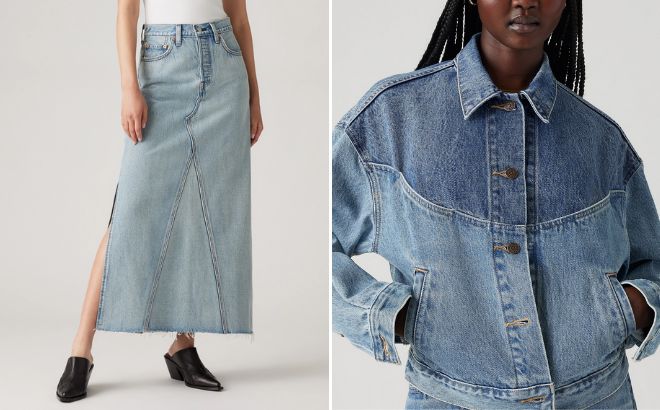 Levis Womens Icon Long Skirt and Shrunken 90s Western Trucker Jacket
