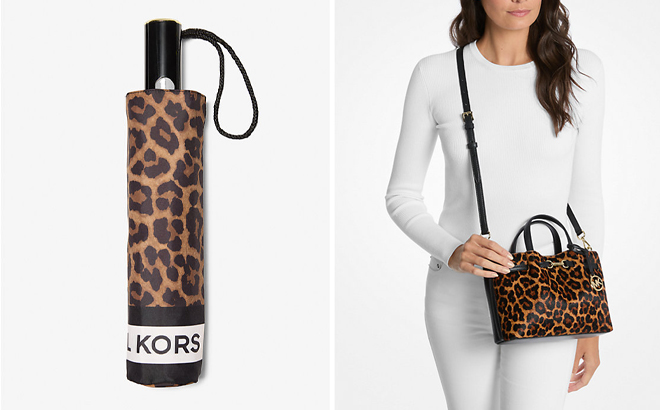 Michael Kors Leopard Print Umbrella and Carson Small Leopard Print Calf Hair Satchel