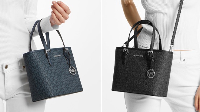 Michael Kors Outlet Jet Set Travel Extra Small Logo Top Zip Tote Bag in Navy and Black Color