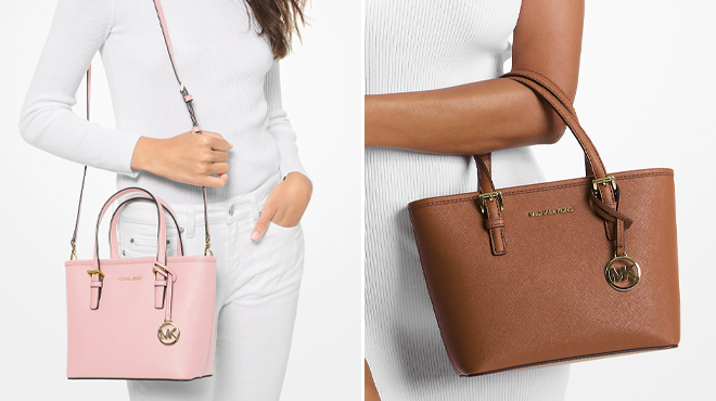 Michael Kors Outlet Jet Set Travel Extra Small Saffiano Leather Top Zip Tote Bags in Powder Blush and Luggage Colors