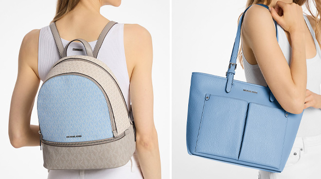 Michael Kors Rhea Medium Color Block Signature Logo Backpack and Jet Set Medium Pocket Tote Bag