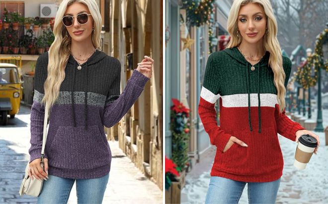 MixShe Womens Color Block Knit Hoodie