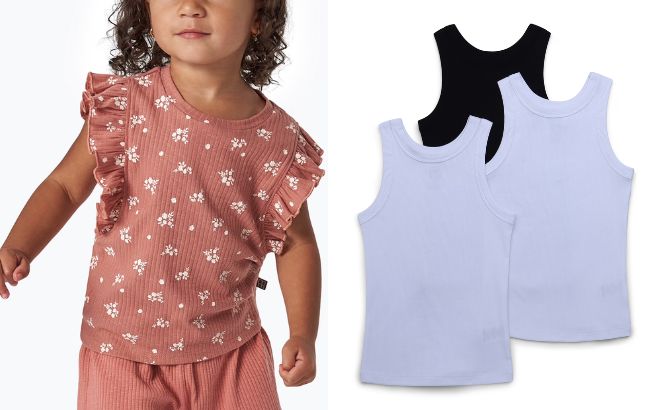 Modern Moments By Gerber Toddler Girl Organic Ruffled Sleeve Top and Wonder Nation Girls Tank Top 3 Pack