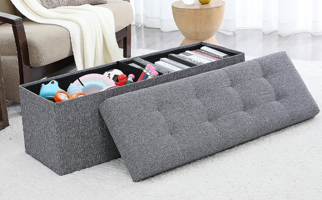 Ornavo Home Foldable Tufted Linen Large Storage Ottoman Bench