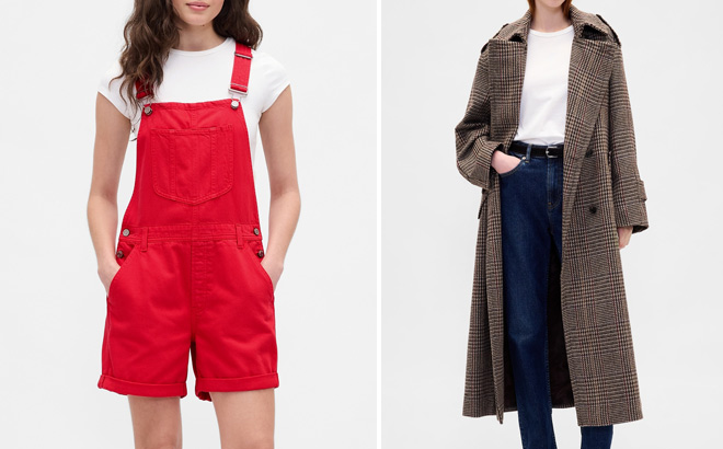 People Wearing GAP Denim Shortalls and Wool Blend Herringbone Trench Coat