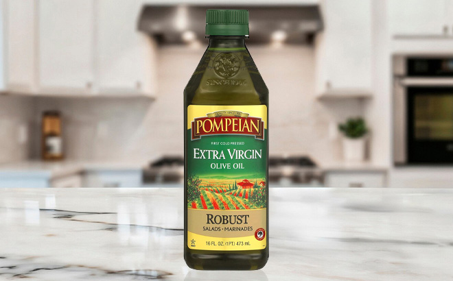 Pompeian Robust Extra Virgin Olive Oil on the Table
