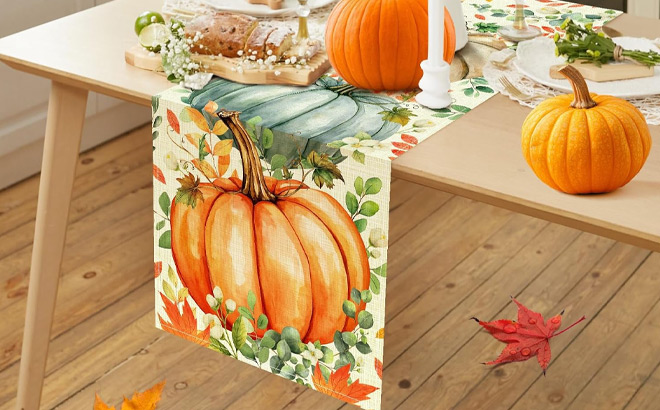 Pumpkin Eucalyptus Leaves Fall Table Runner