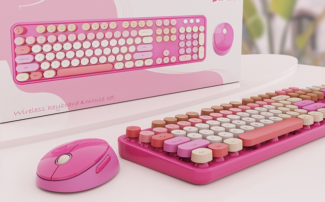 SkyGive Retro Wireless Keyboard and Mouse Set in Cherry Pink Color