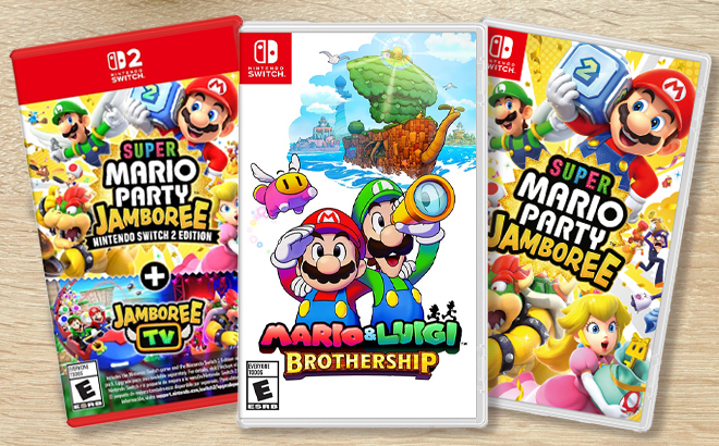 Super Mario Nintendo Switch and Nintendo Switch 2 Games on a Table