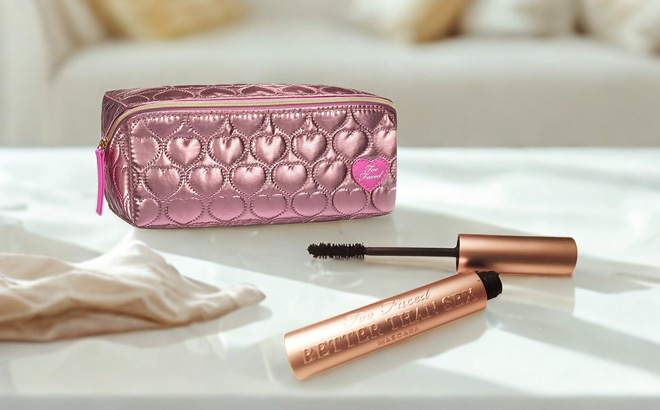 Too Faced Better Than Sex Original Mascara with Bag on a Table