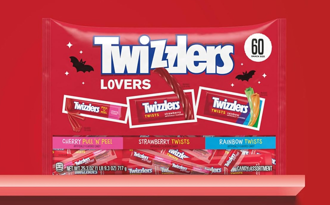 Twizzlers Assorted Fruit Flavored Halloween Candy Bag on a Shelf